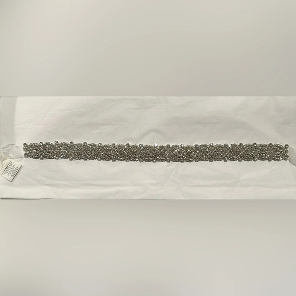NWT Davids Bridal Wedding Dress Belt Slim Crystal Patterned Sash with Ribbon Tie - Picture 1 of 9